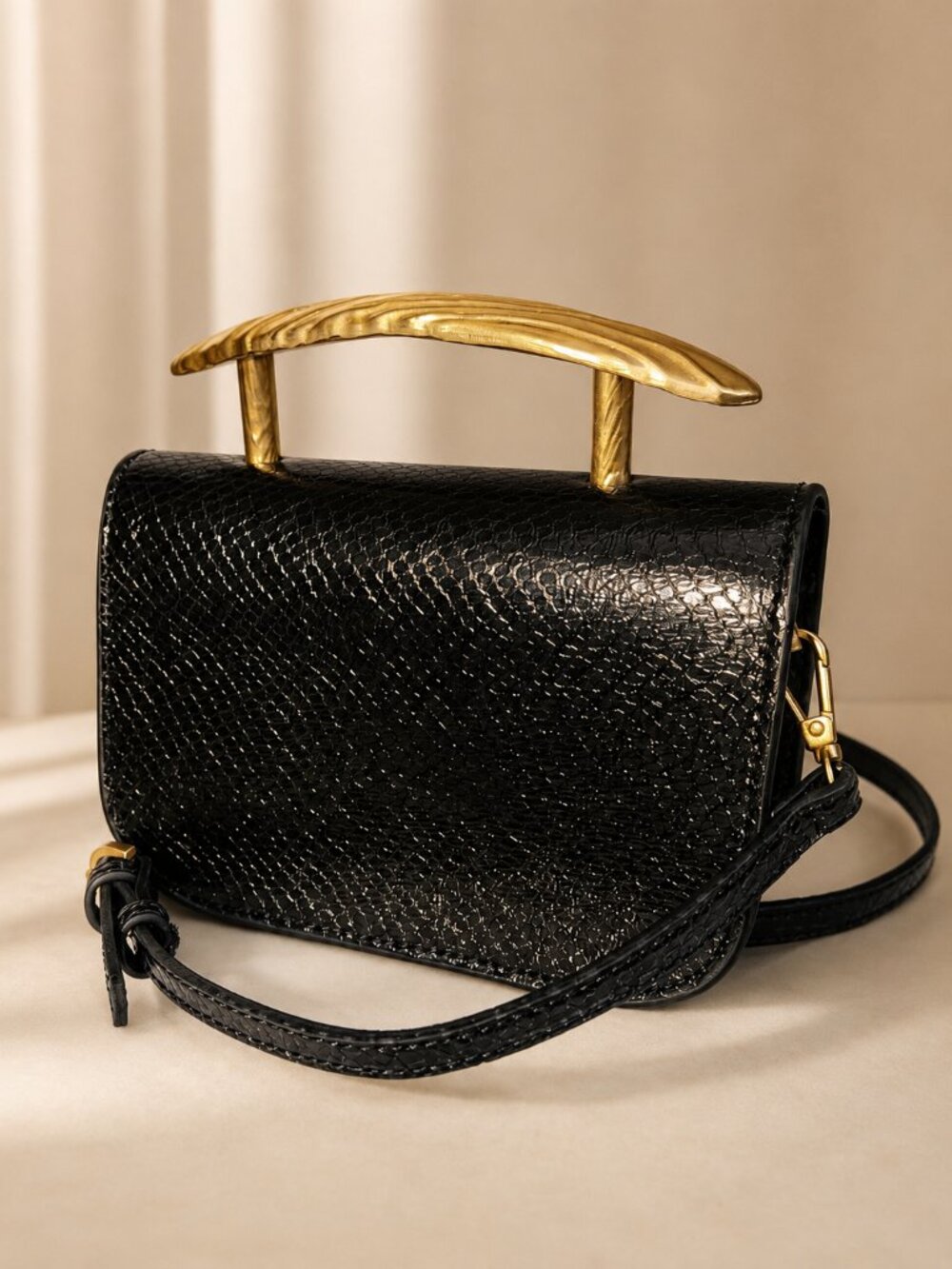 Zara Black Textured Crossbody Bag with Gold Handle